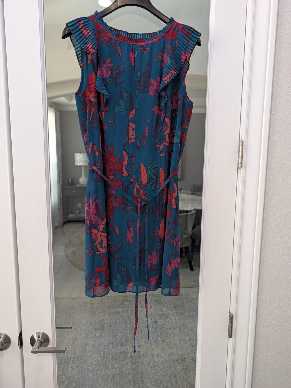 Chelsea28 Teal & Pink Floral Pleated Chiffon Shift Mini Dress Size Small